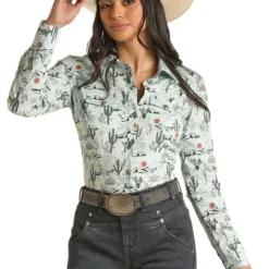 Rock & Roll Dale Brisby Mint Cactus Print Shirt