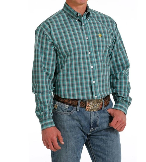 Men's Cinch Teal Plaid Shirt Long Sleeve - Image 4