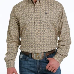 Men's Cinch Khaki Geo Print Shirt Long Sleeve